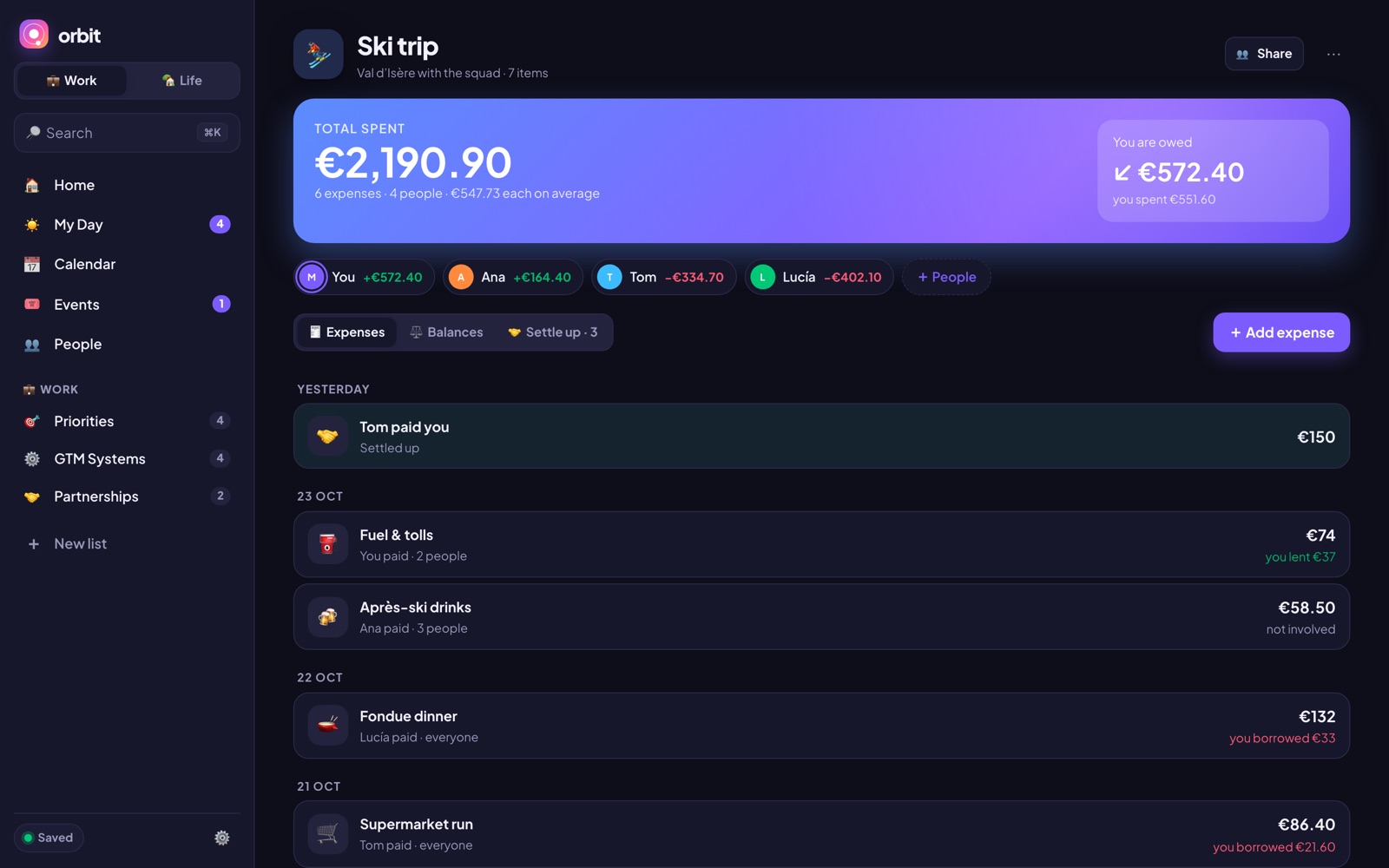 Squad Pot for a ski trip: total spent, balances per person and expenses