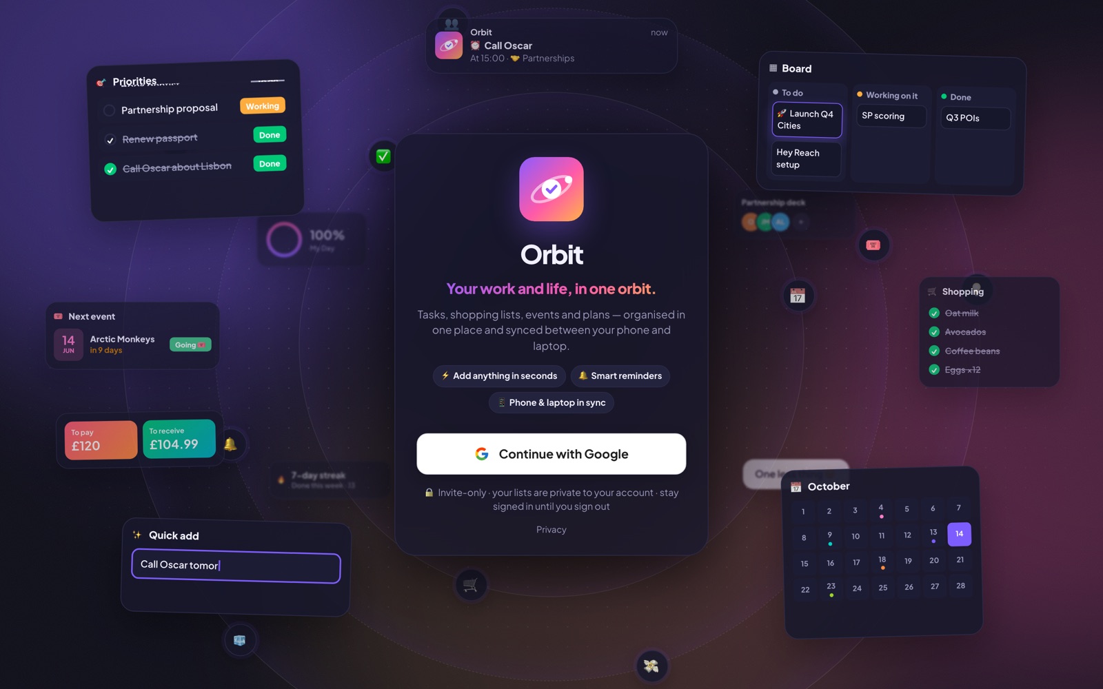 Orbit sign-in screen with floating previews of boards, lists, calendar and money cards