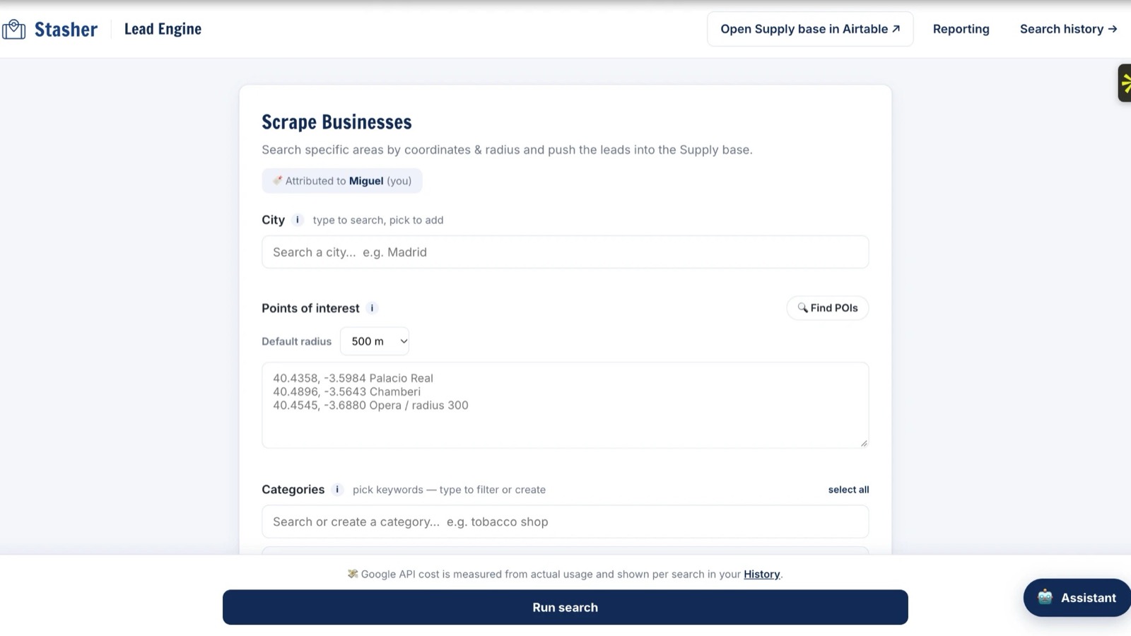 Scrape Businesses form with city, points of interest and radius