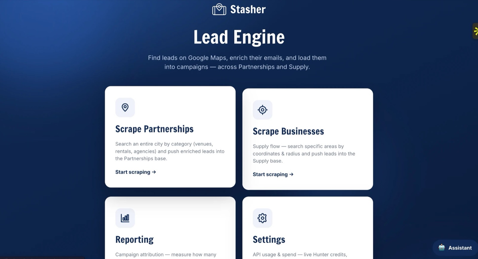 Lead Engine home with Scrape Partnerships, Scrape Businesses, Reporting and Settings