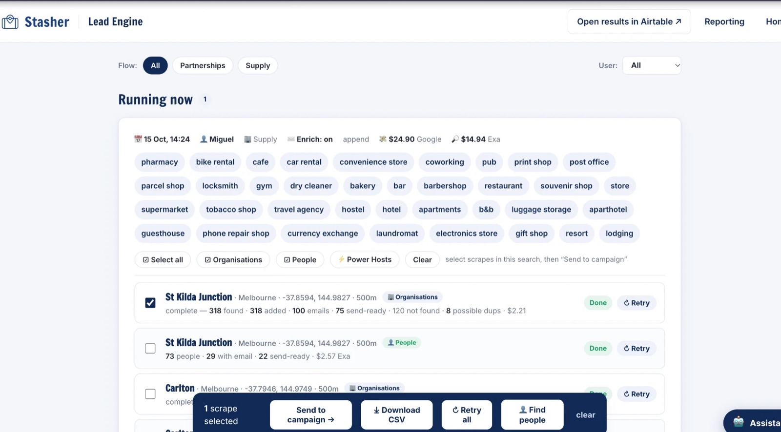 Lead Engine search history showing live runs with found, enriched, send-ready and cost per search
